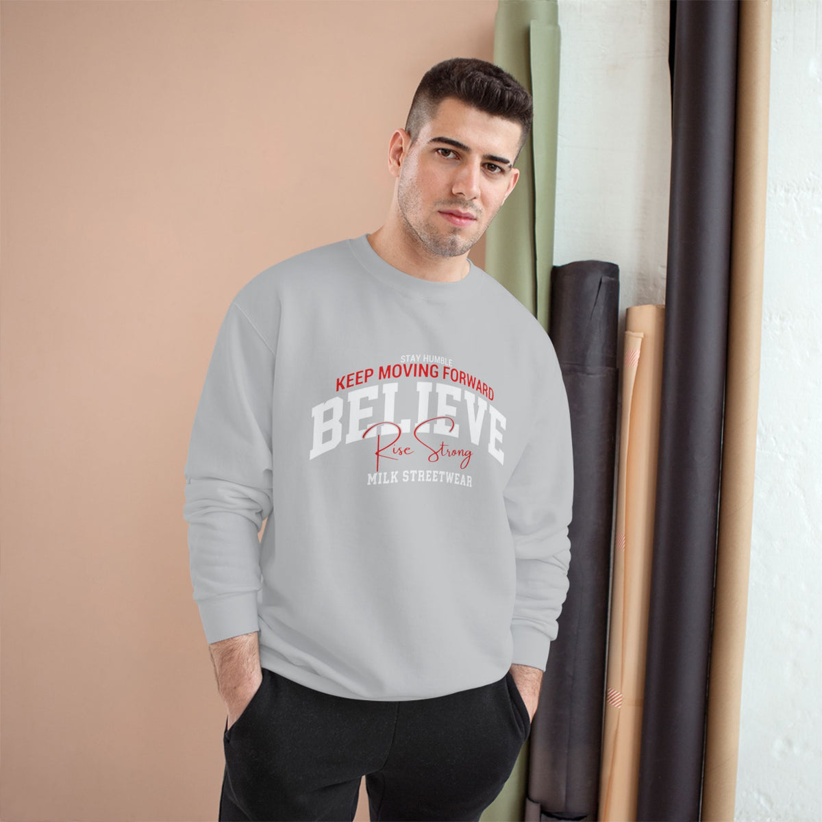 Milk Believe Champion Sweatshirt – 'Keep Moving Forward' Retro Streetwear Crewneck
