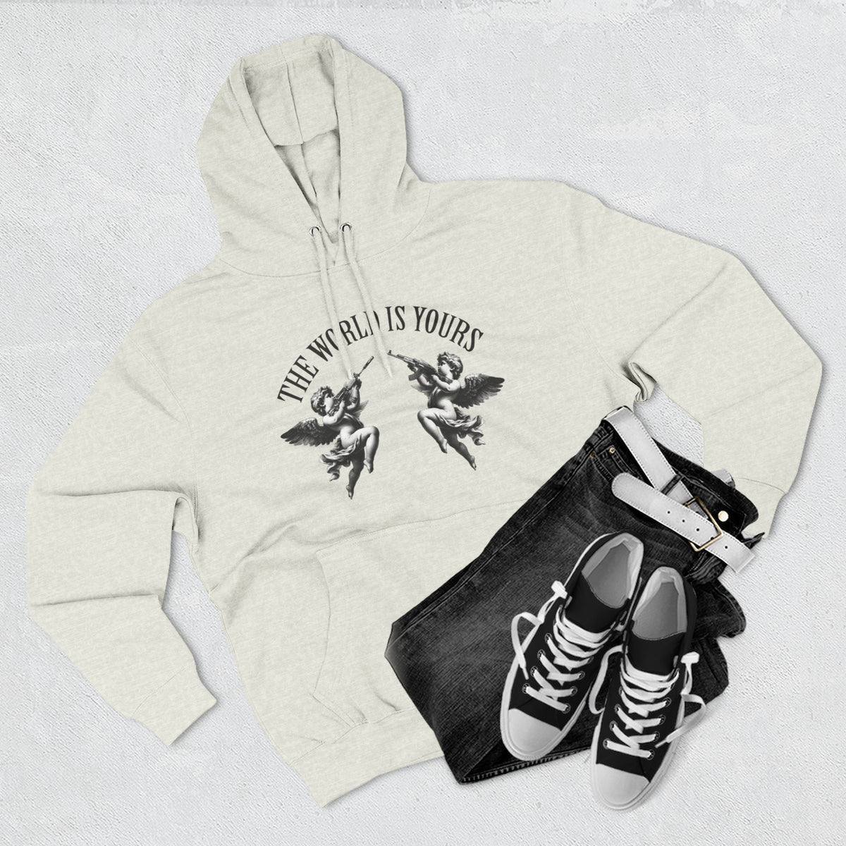 Three-Panel Hoodie — 'The World Is Yours' Angel Front & 'Fuck the Rules' Statue Back Streetwear Hoodie