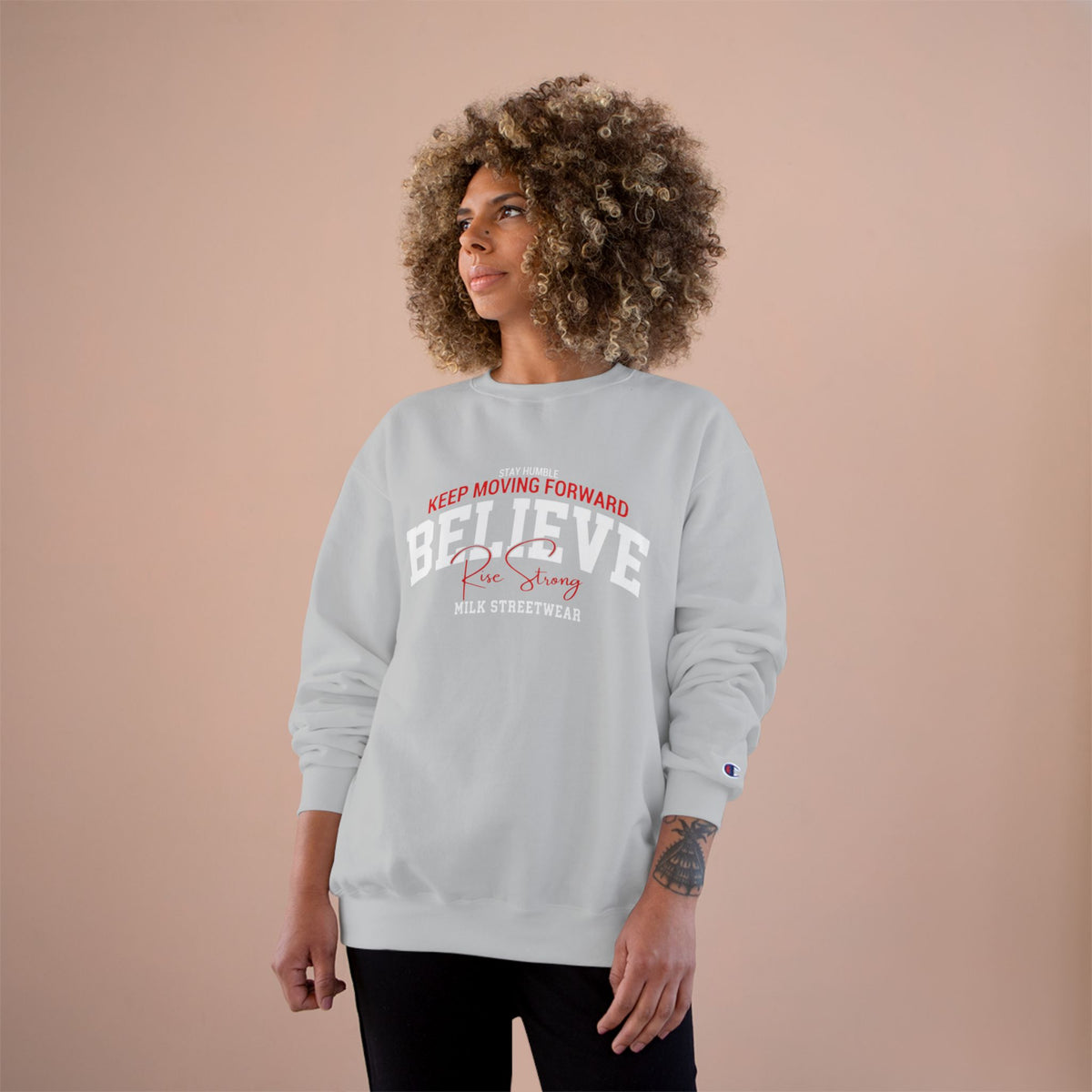 Milk Believe Champion Sweatshirt – 'Keep Moving Forward' Retro Streetwear Crewneck