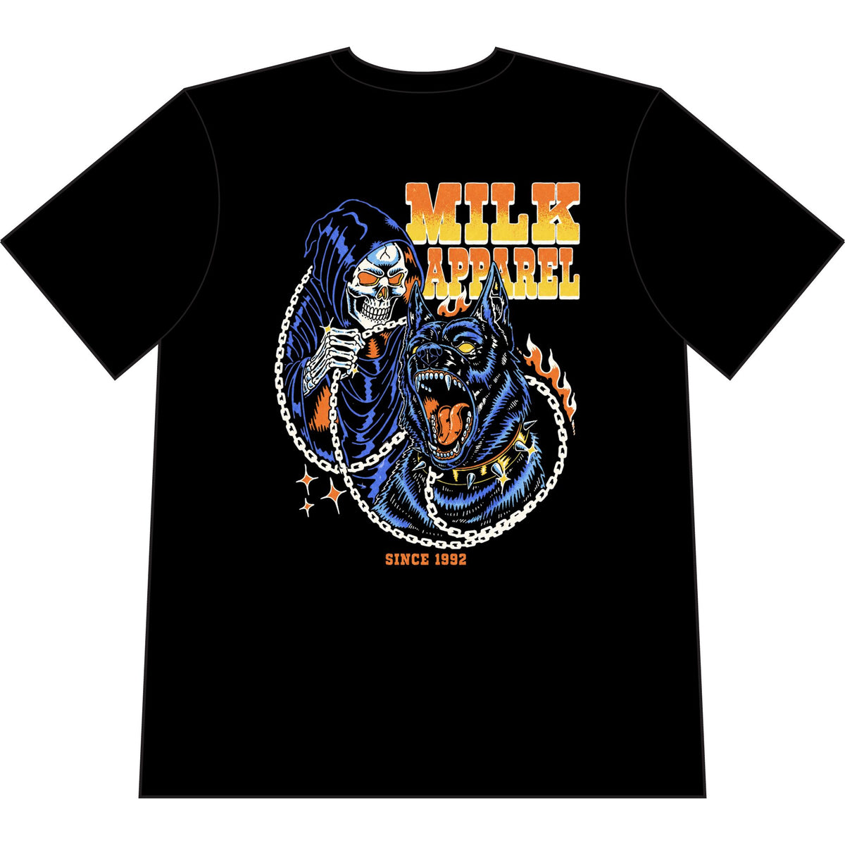 Milk Apparel "Street Wear" Graphic T-Shirt — Grim Reaper & Fierce Dog Back Print