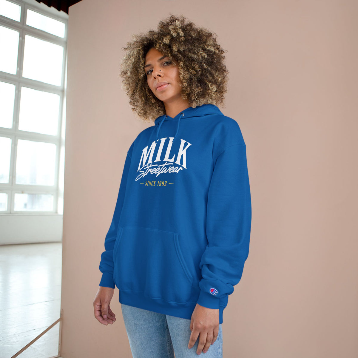 Milk Streetwear Hoodie — Retro Ice Cream Logo Champion-Style Pullover