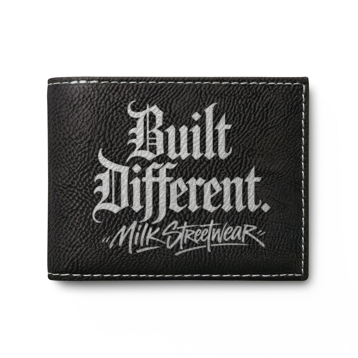Built Different Runner Bi-Fold Wallet — Leather Card Holder with Bold Gothic Logo