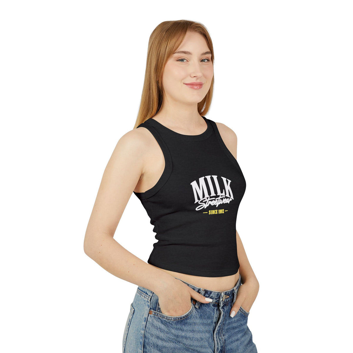 Milk Streetwear Racer Tank Top – Graphic Crop Tank with “MILK” Script