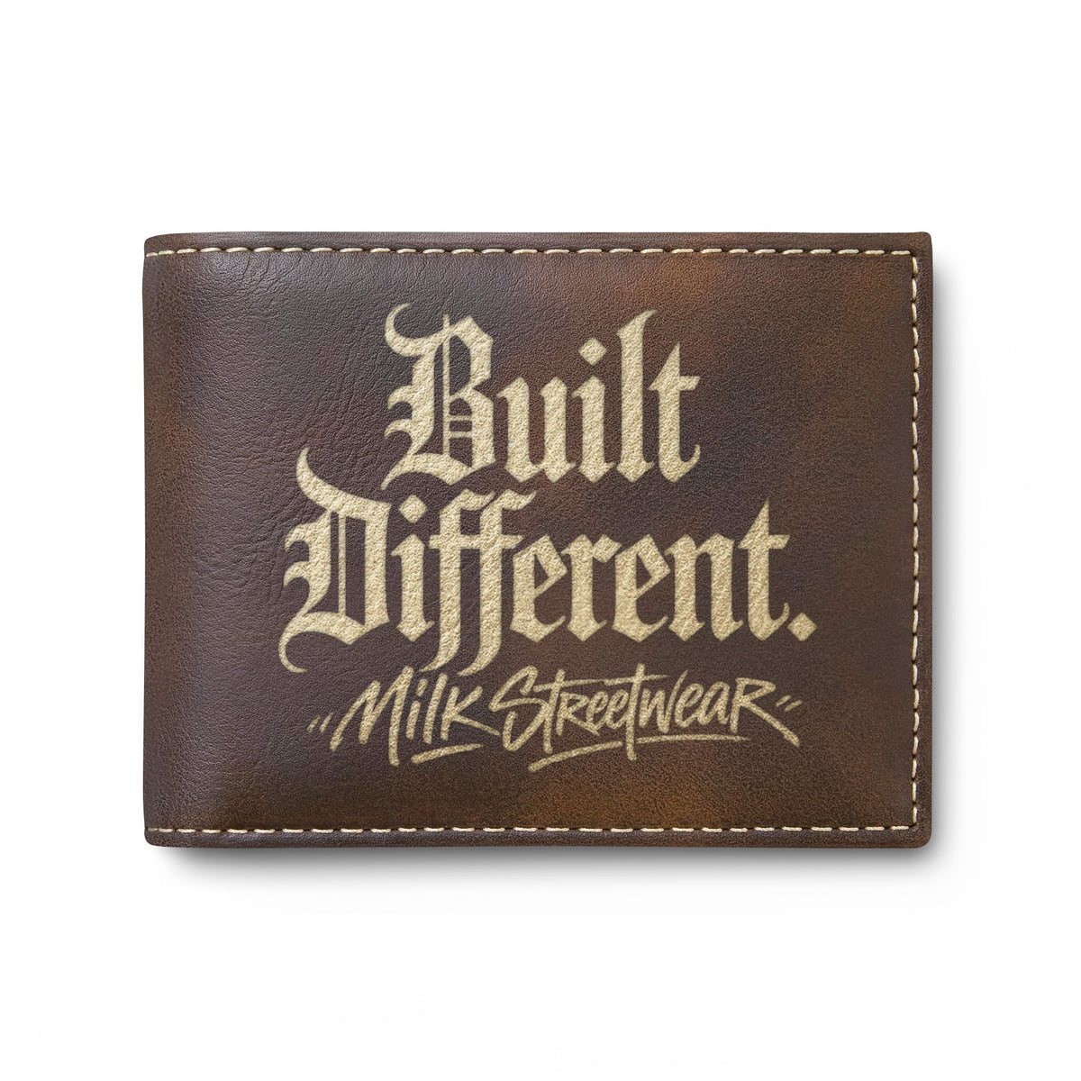 Built Different Runner Bi-Fold Wallet — Leather Card Holder with Bold Gothic Logo
