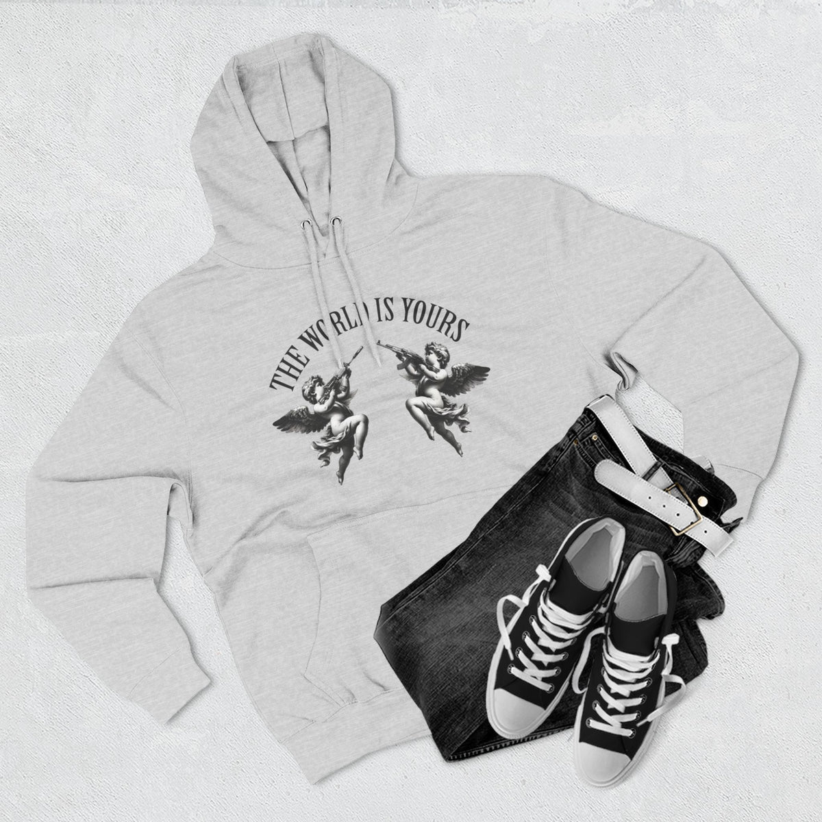 Three-Panel Hoodie — 'The World Is Yours' Angel Front & 'Fuck the Rules' Statue Back Streetwear Hoodie
