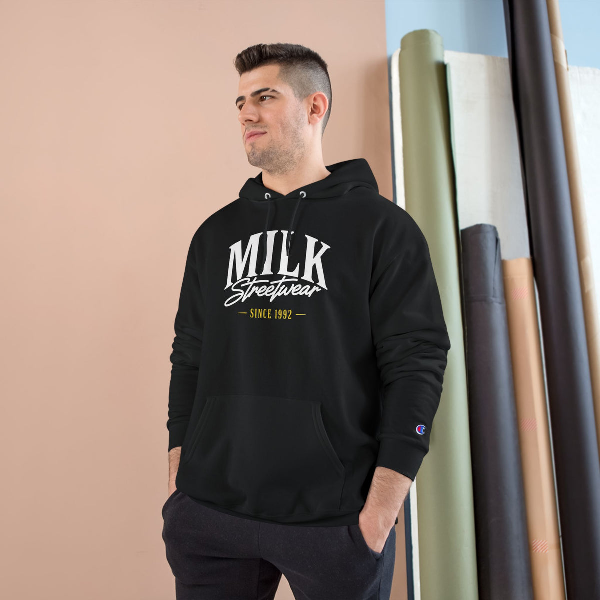 Milk Streetwear Hoodie — Retro Ice Cream Logo Champion-Style Pullover