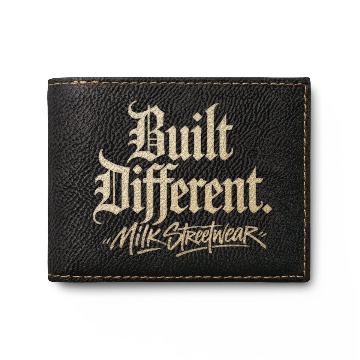 Built Different Runner Bi-Fold Wallet — Leather Card Holder with Bold Gothic Logo