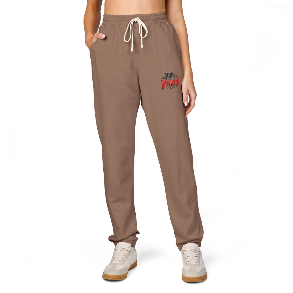 Women’s Milk Graphic Sweatpants — Small Red Gothic Logo Fleece Joggers