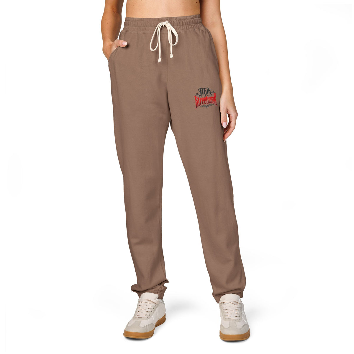 Women’s Milk Graphic Sweatpants — Small Red Gothic Logo Fleece Joggers