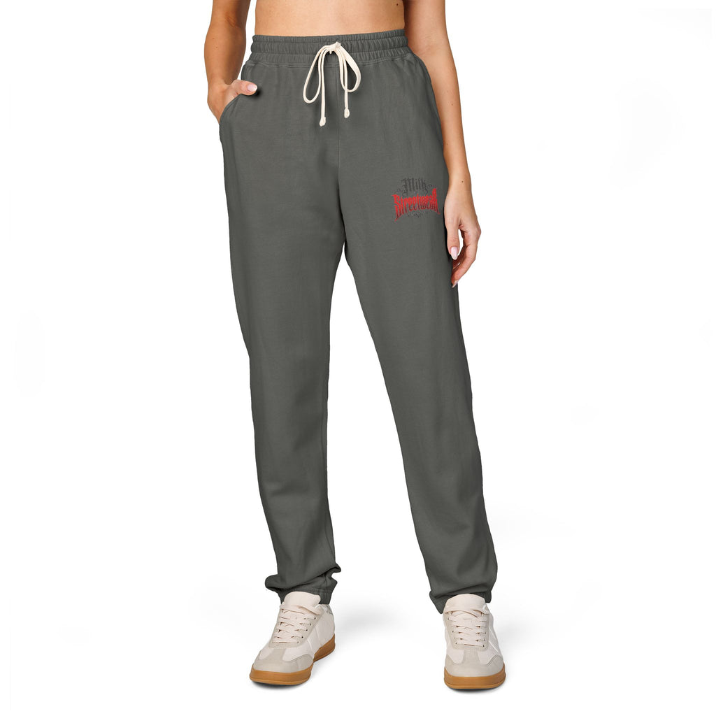 Women’s Milk Graphic Sweatpants — Small Red Gothic Logo Fleece Joggers