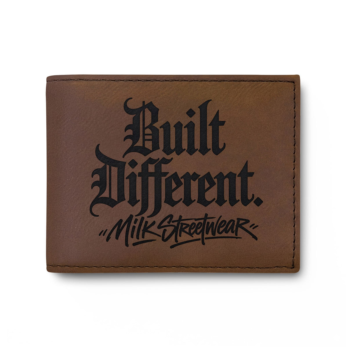 Built Different Runner Bi-Fold Wallet — Leather Card Holder with Bold Gothic Logo