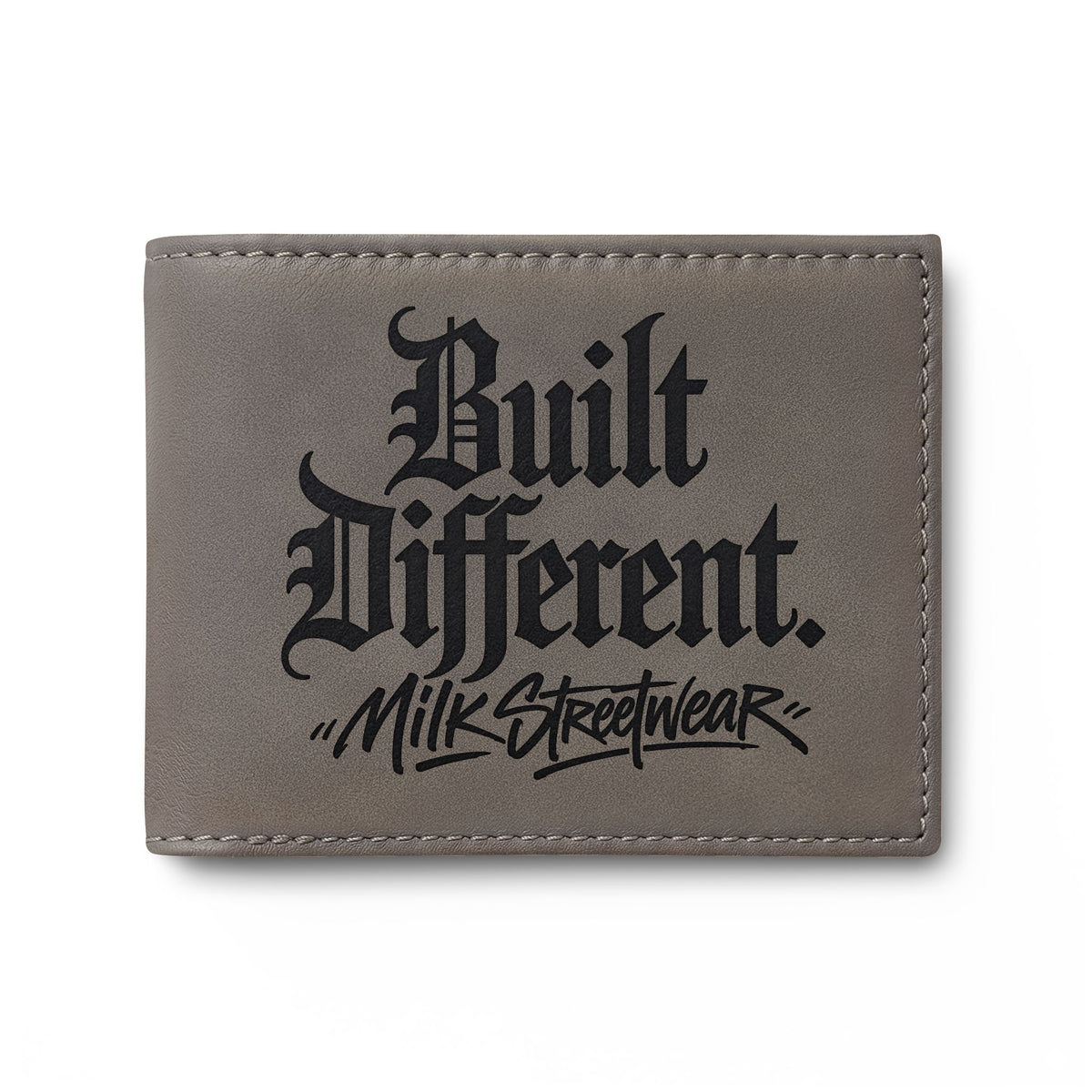 Built Different Runner Bi-Fold Wallet — Leather Card Holder with Bold Gothic Logo