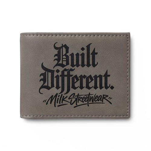Built Different Runner Bi-Fold Wallet — Leather Card Holder with Bold Gothic Logo