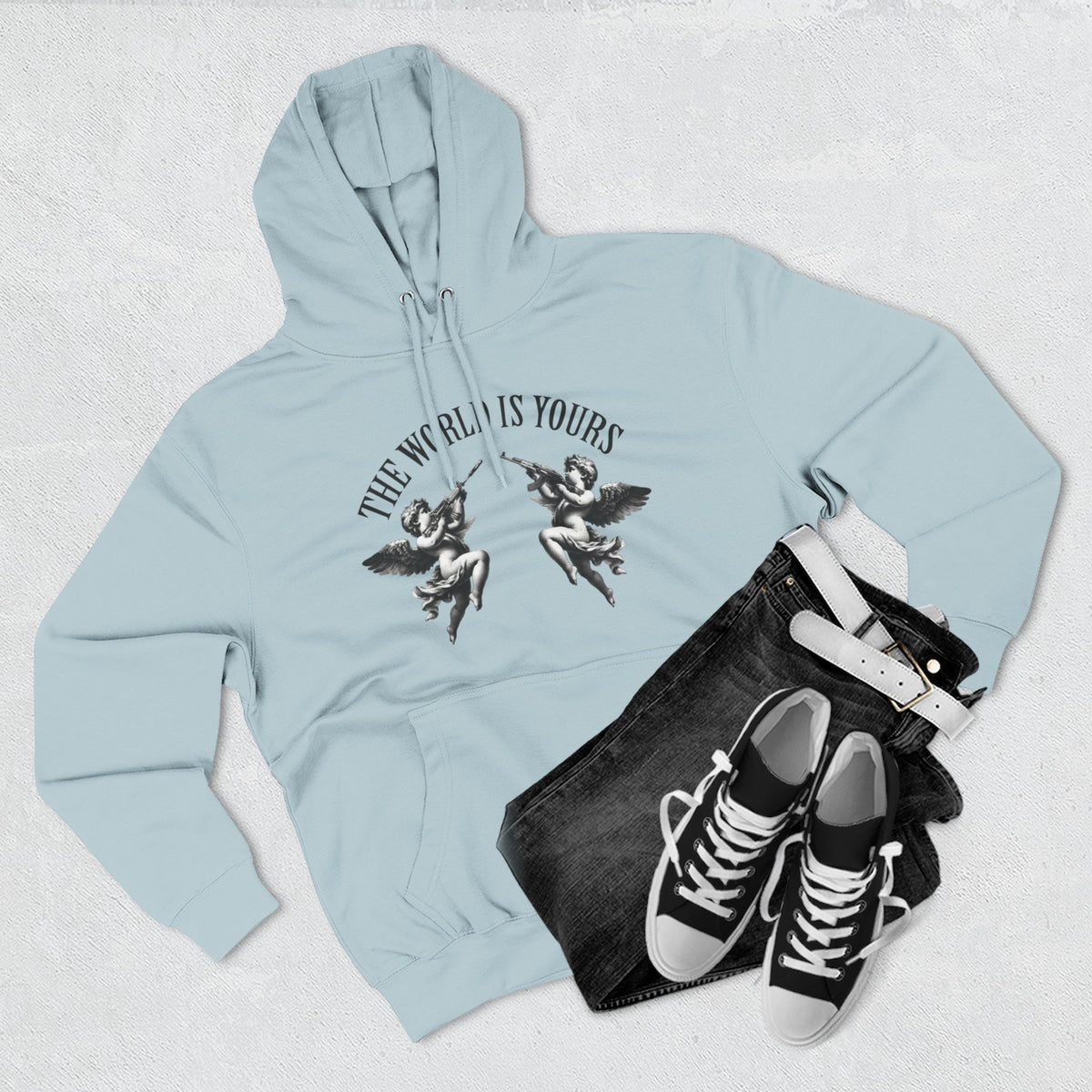 Three-Panel Hoodie — 'The World Is Yours' Angel Front & 'Fuck the Rules' Statue Back Streetwear Hoodie