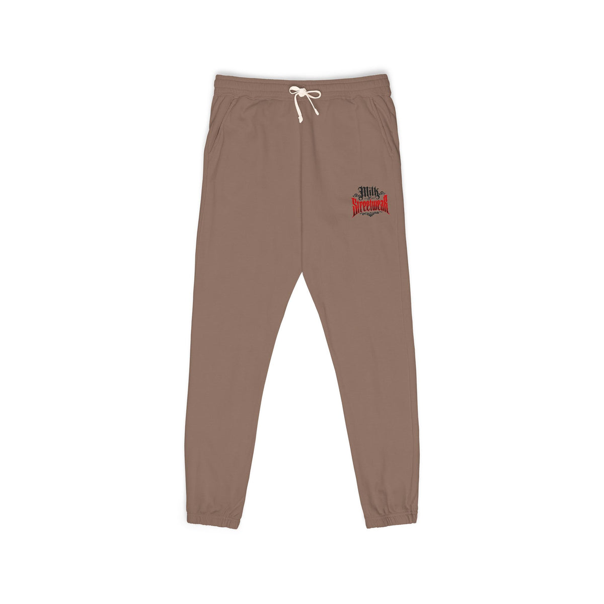 Women’s Milk Graphic Sweatpants — Small Red Gothic Logo Fleece Joggers