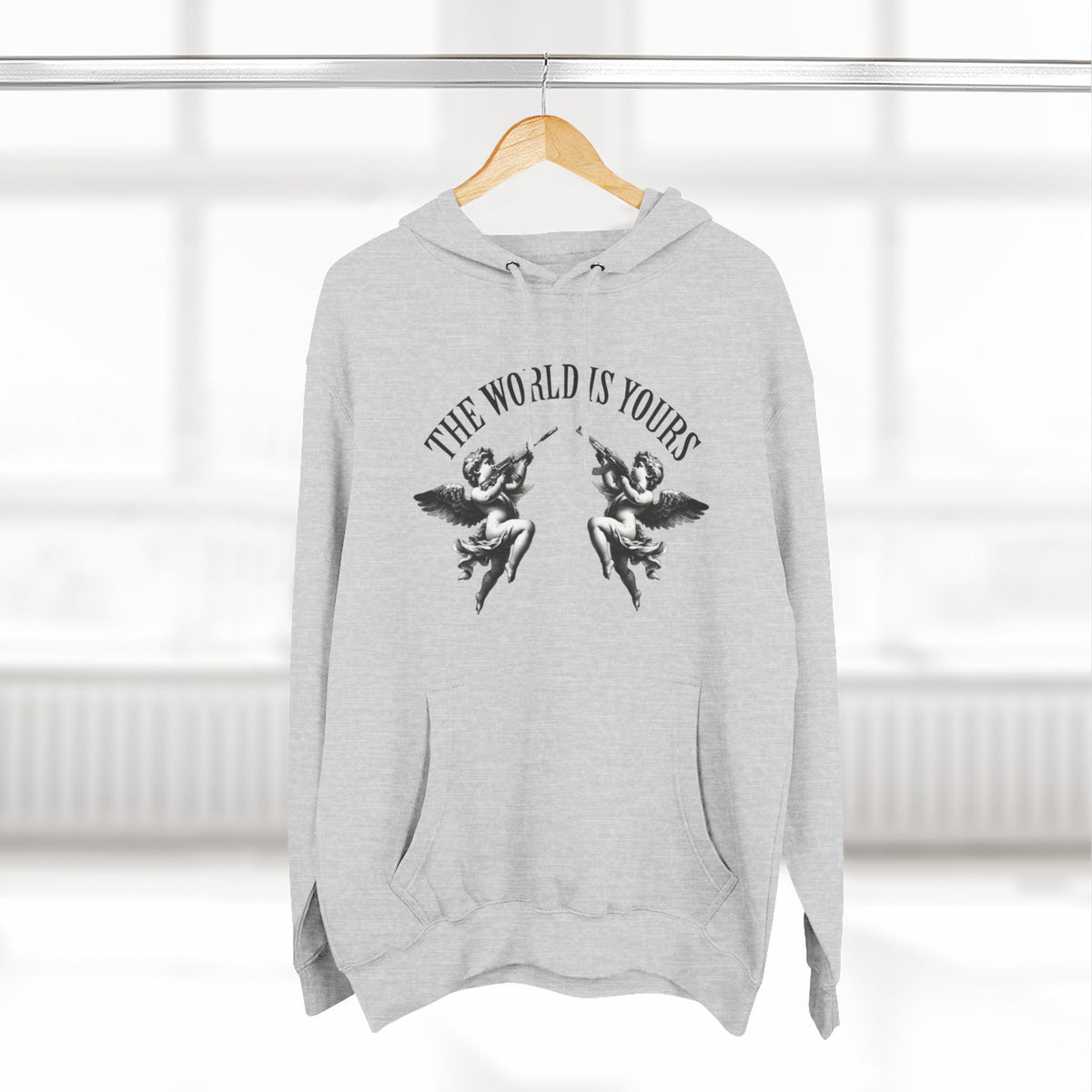 Three-Panel Hoodie — 'The World Is Yours' Angel Front & 'Fuck the Rules' Statue Back Streetwear Hoodie