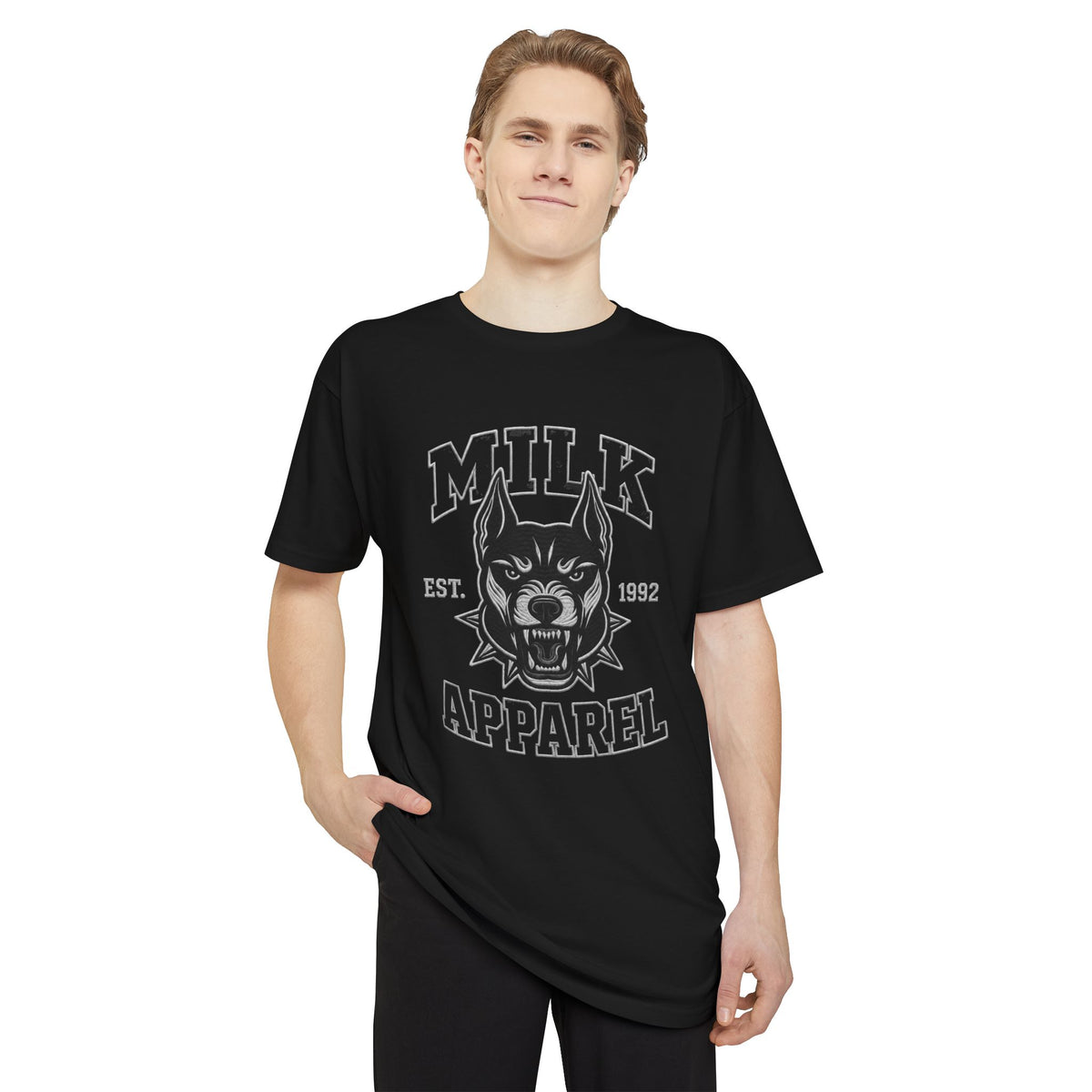 MILK Apparel Wolf Logo Longline Tee — Urban Streetwear Graphic T-Shirt