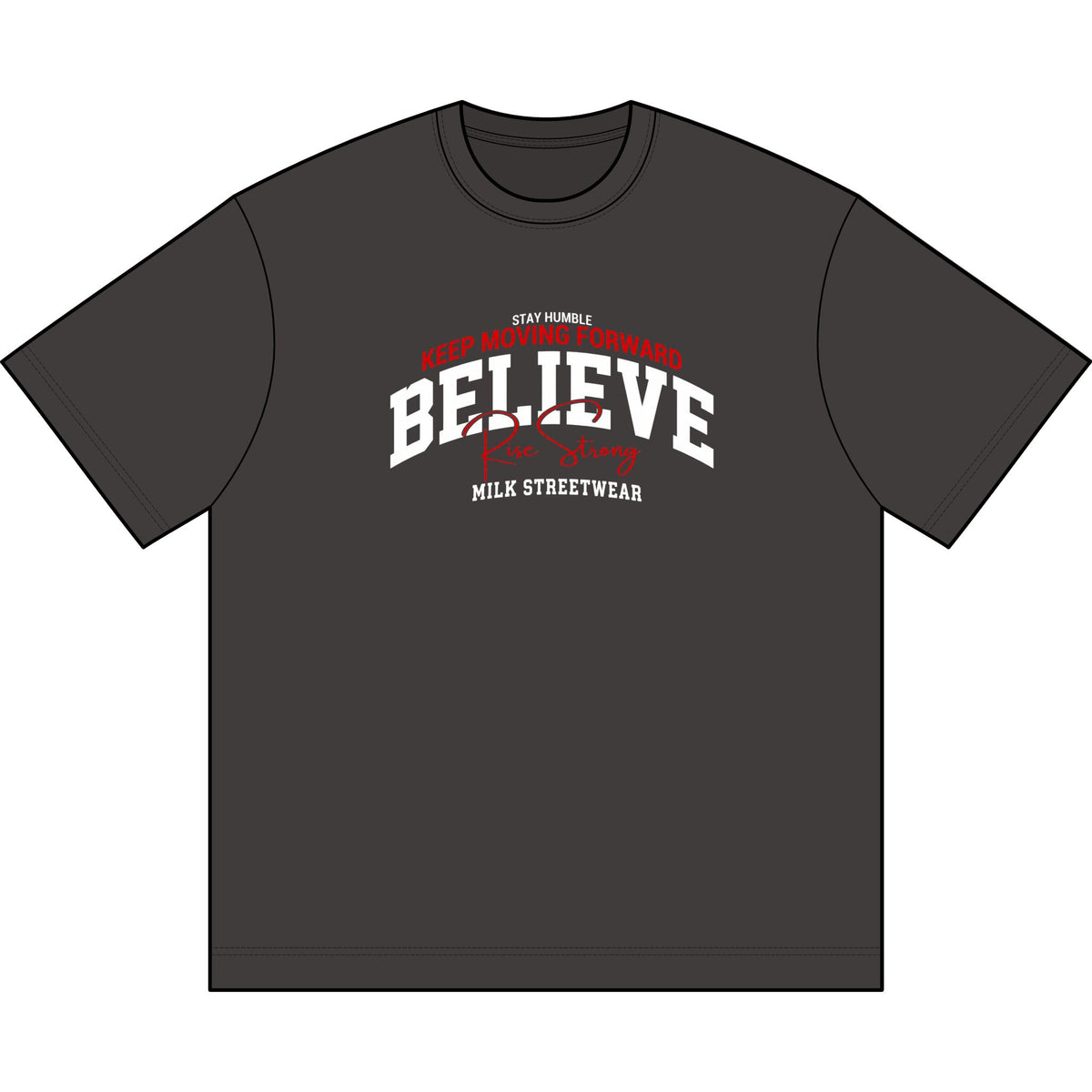Milk Believe Box Tee — "Believe" Graphic Men’s Box T-Shirt with Bulldog Money Back Streetwear