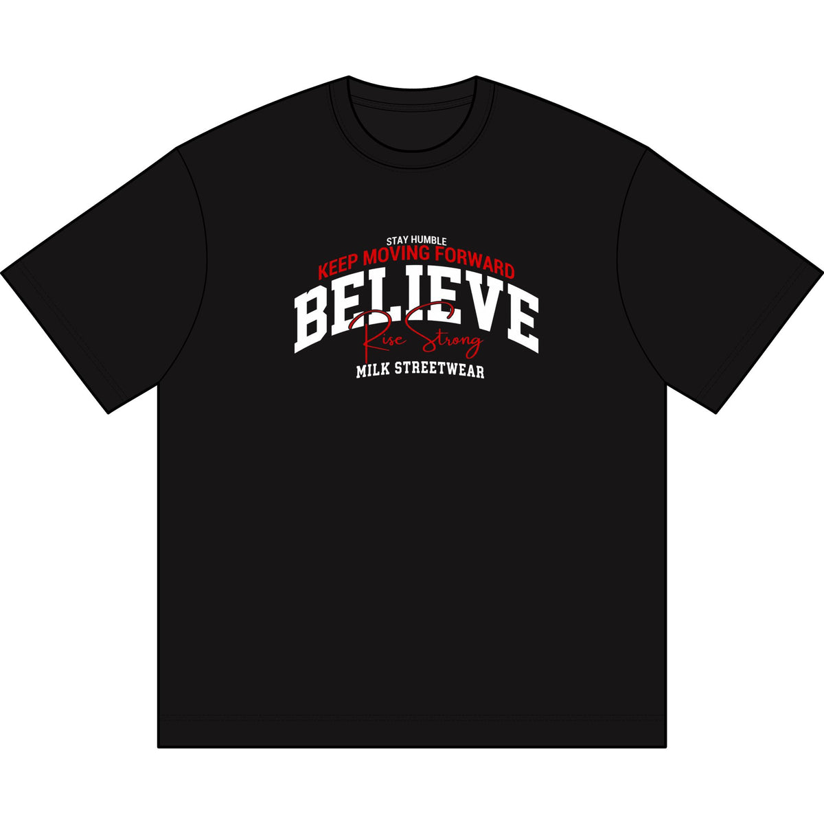 Milk Believe Box Tee — "Believe" Graphic Men’s Box T-Shirt with Bulldog Money Back Streetwear