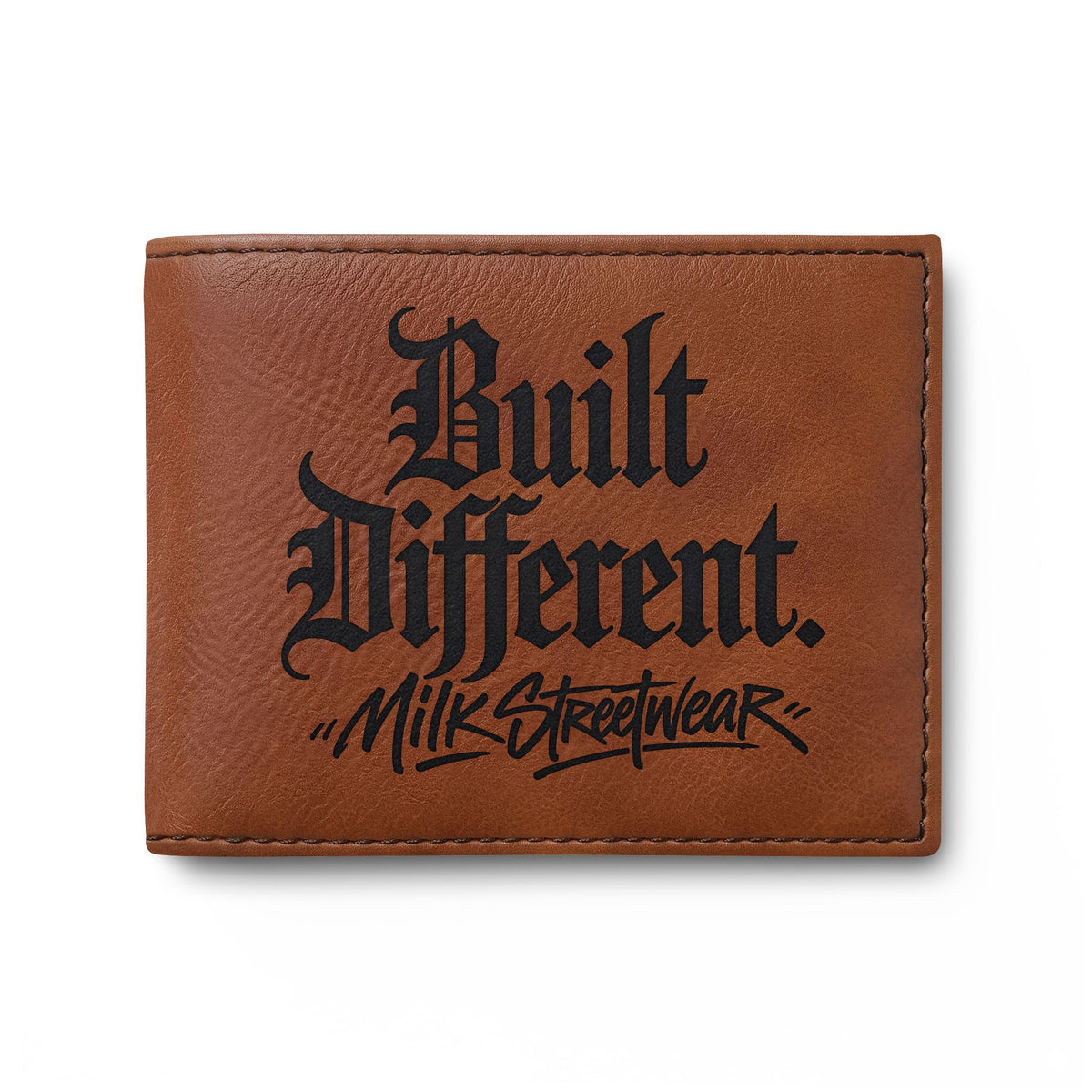 Built Different Runner Bi-Fold Wallet — Leather Card Holder with Bold Gothic Logo