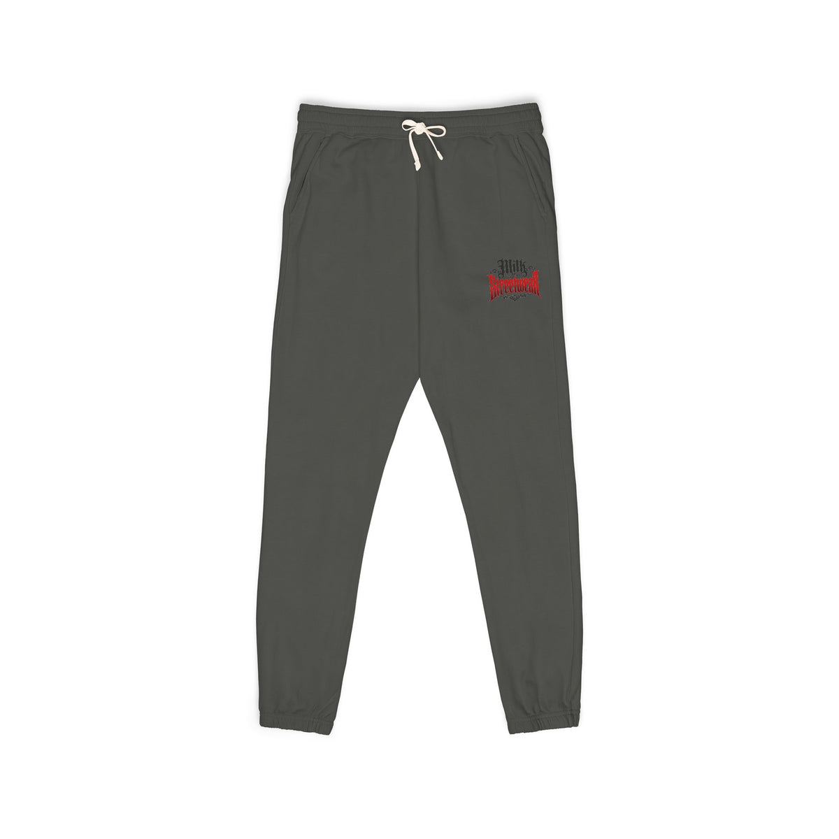 Women’s Milk Graphic Sweatpants — Small Red Gothic Logo Fleece Joggers