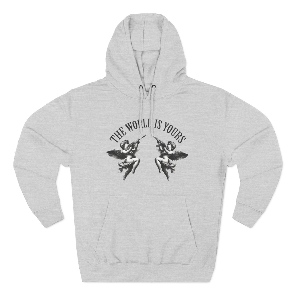 Three-Panel Hoodie — 'The World Is Yours' Angel Front & 'Fuck the Rules' Statue Back Streetwear Hoodie