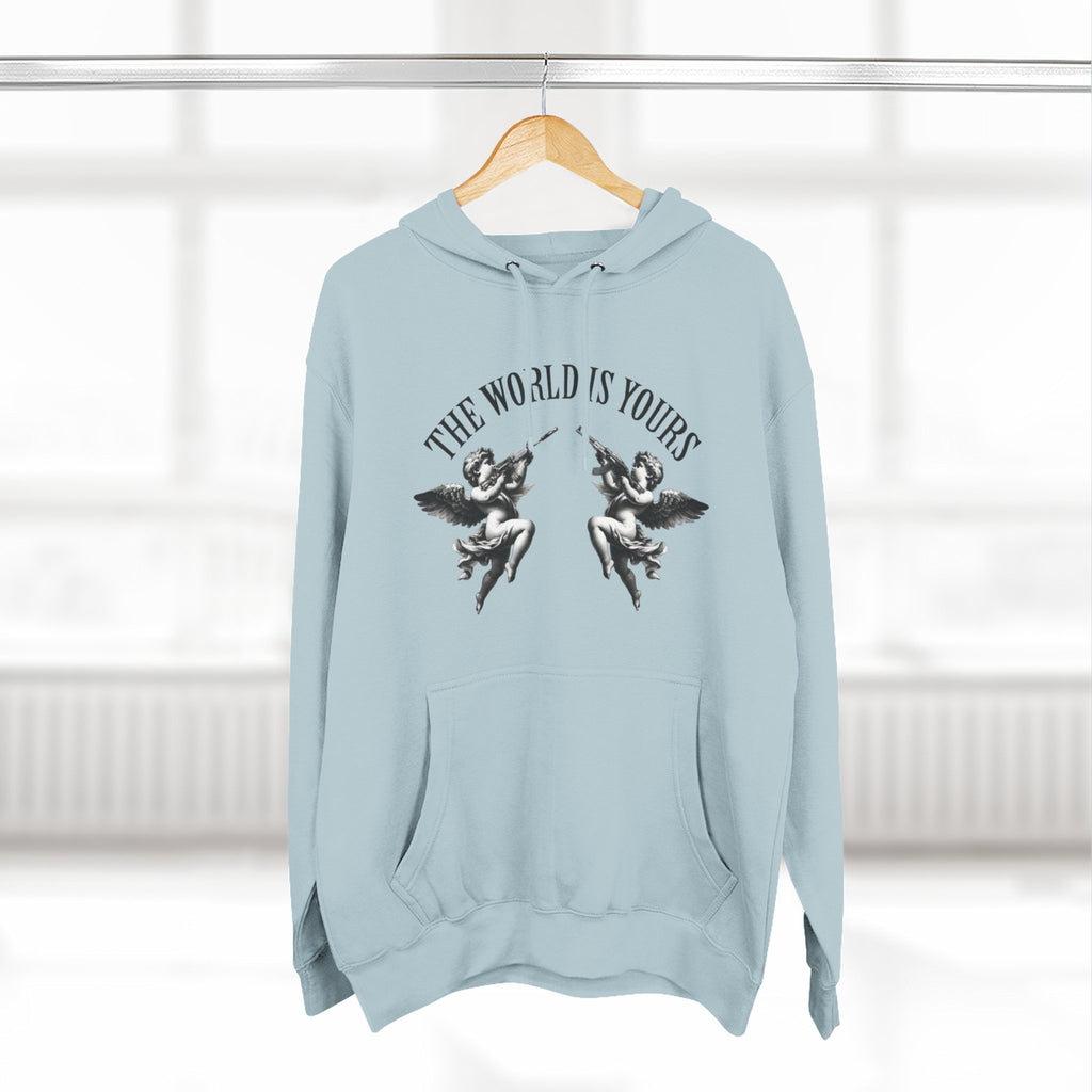 Three-Panel Hoodie — 'The World Is Yours' Angel Front & 'Fuck the Rules' Statue Back Streetwear Hoodie
