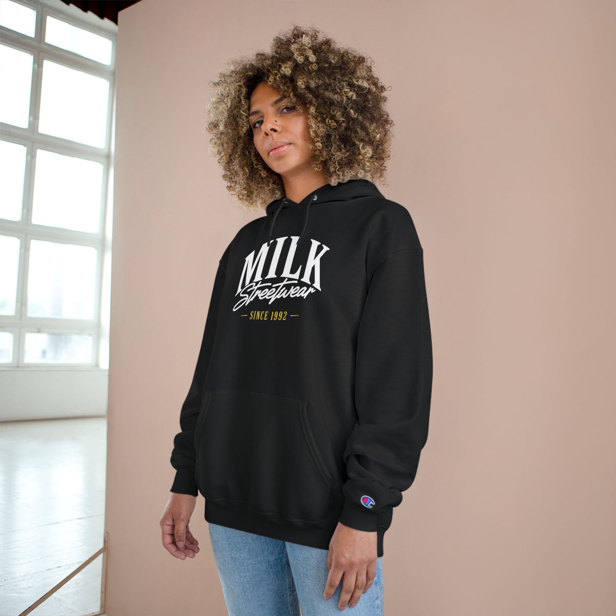 Milk Streetwear Hoodie — Retro Ice Cream Logo Champion-Style Pullover