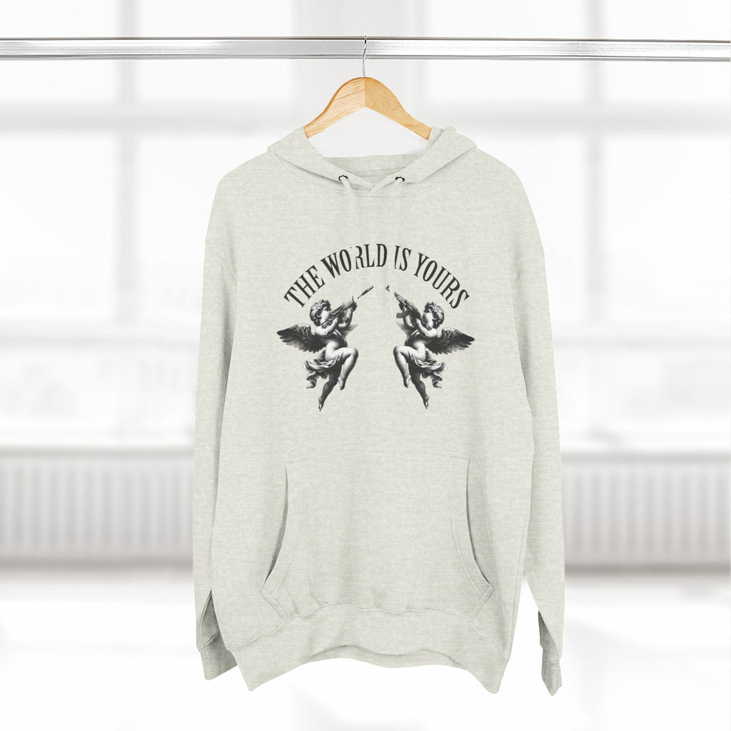 Three-Panel Hoodie — 'The World Is Yours' Angel Front & 'Fuck the Rules' Statue Back Streetwear Hoodie